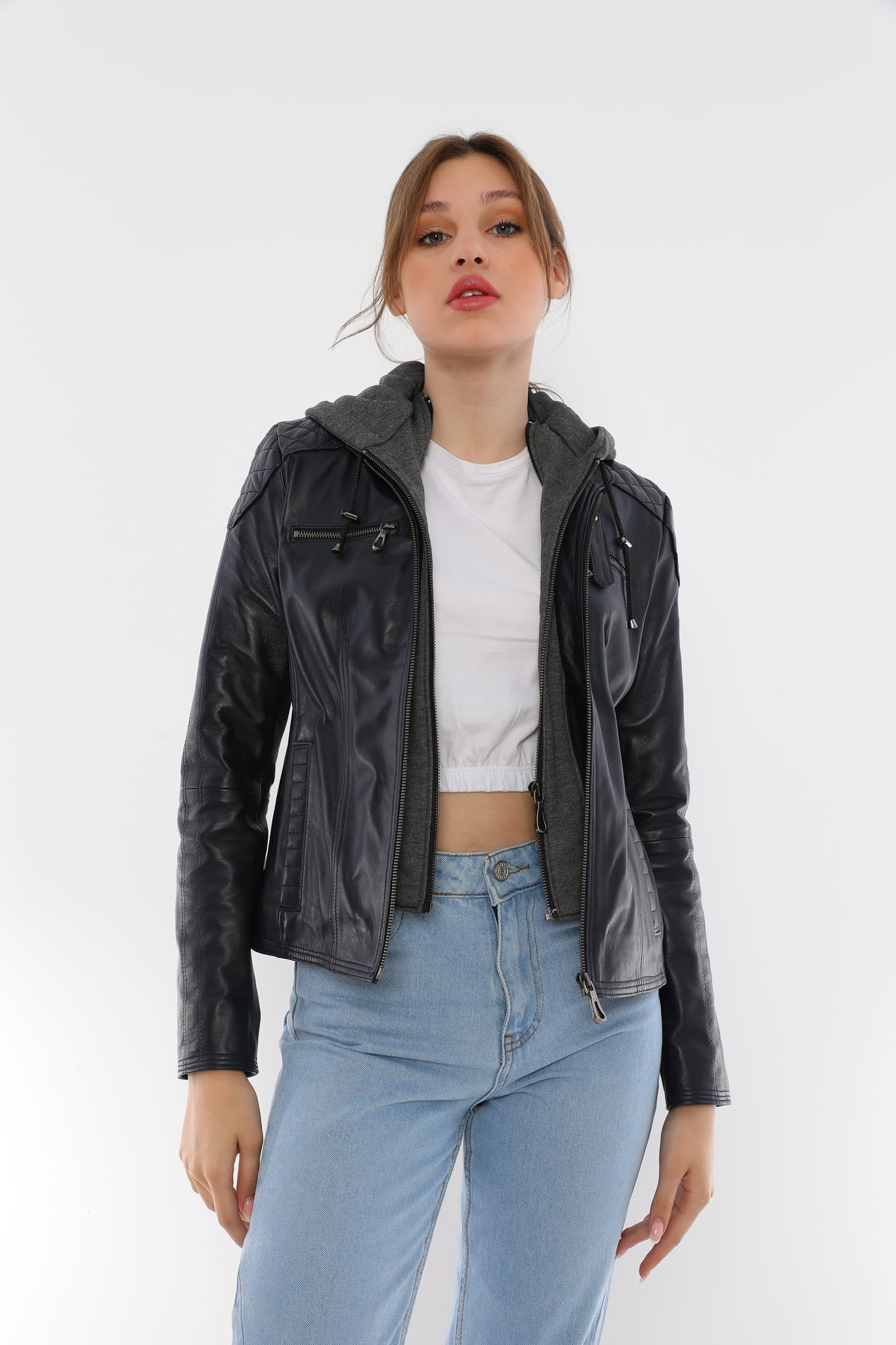 Kadin Kapuson Detayli Deri Ceket Koyu Lacivert - Image 1
