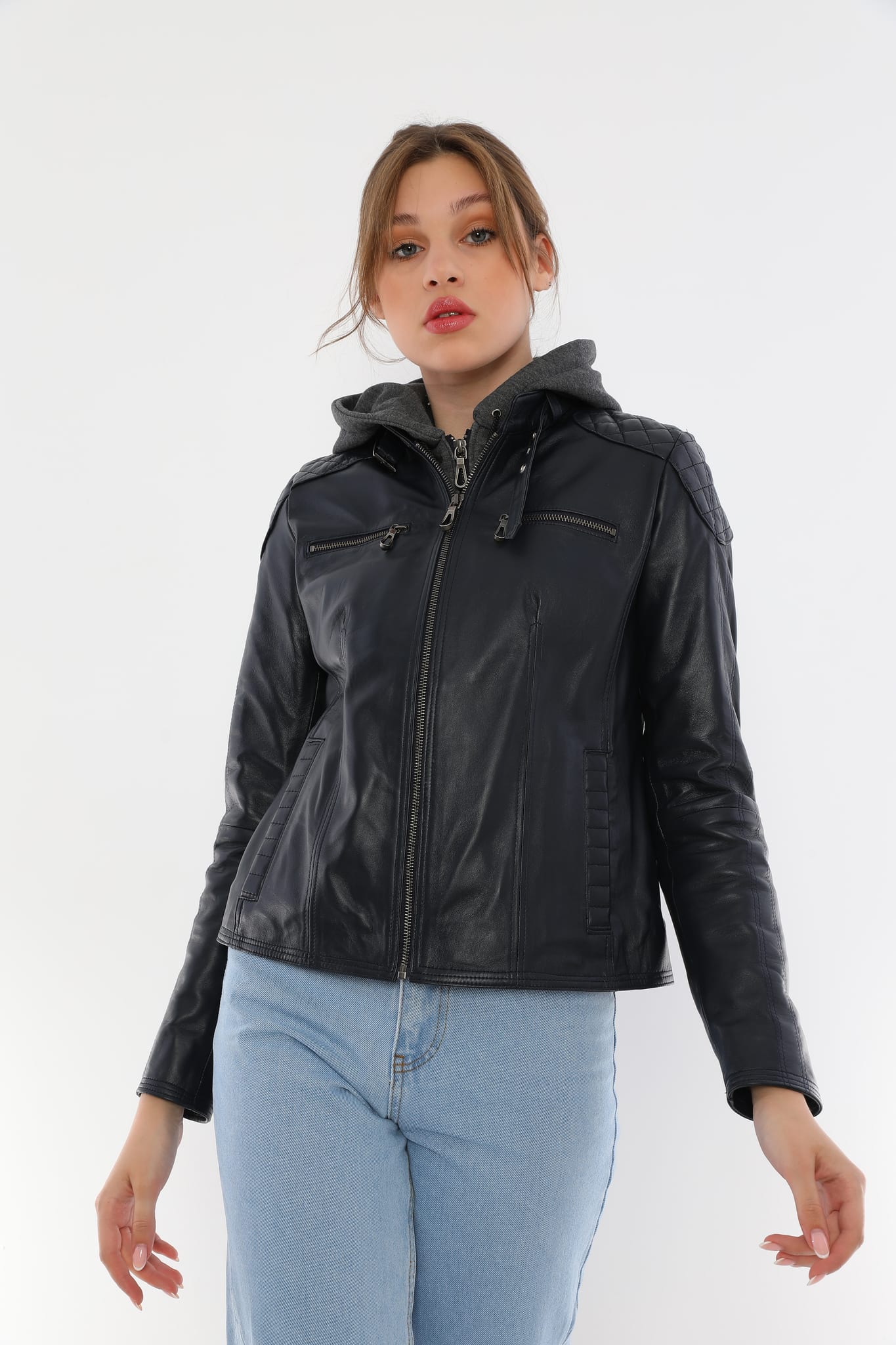 Kadin Kapuson Detayli Deri Ceket Koyu Lacivert - Image 4