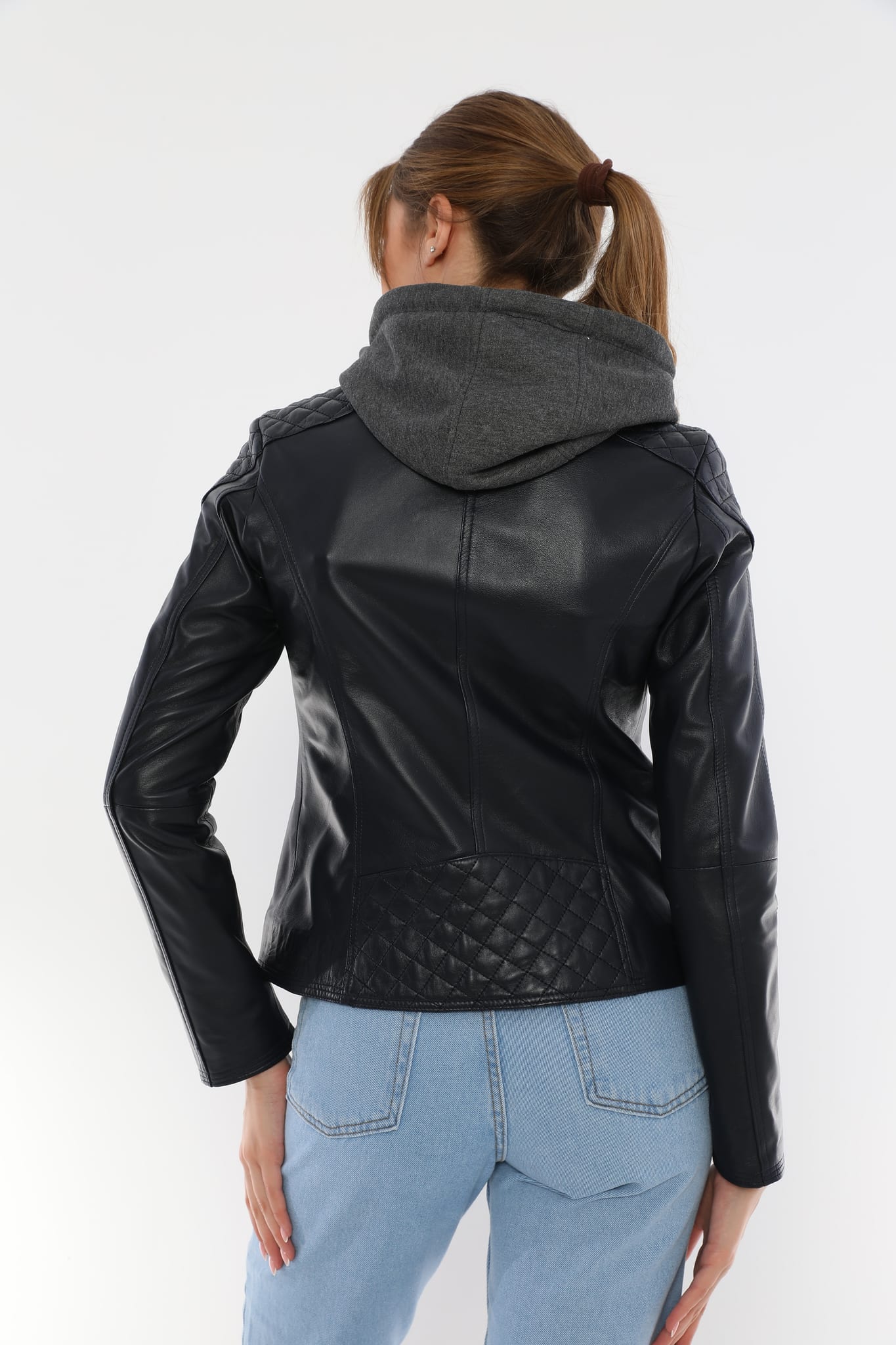 Kadin Kapuson Detayli Deri Ceket Koyu Lacivert - Image 5