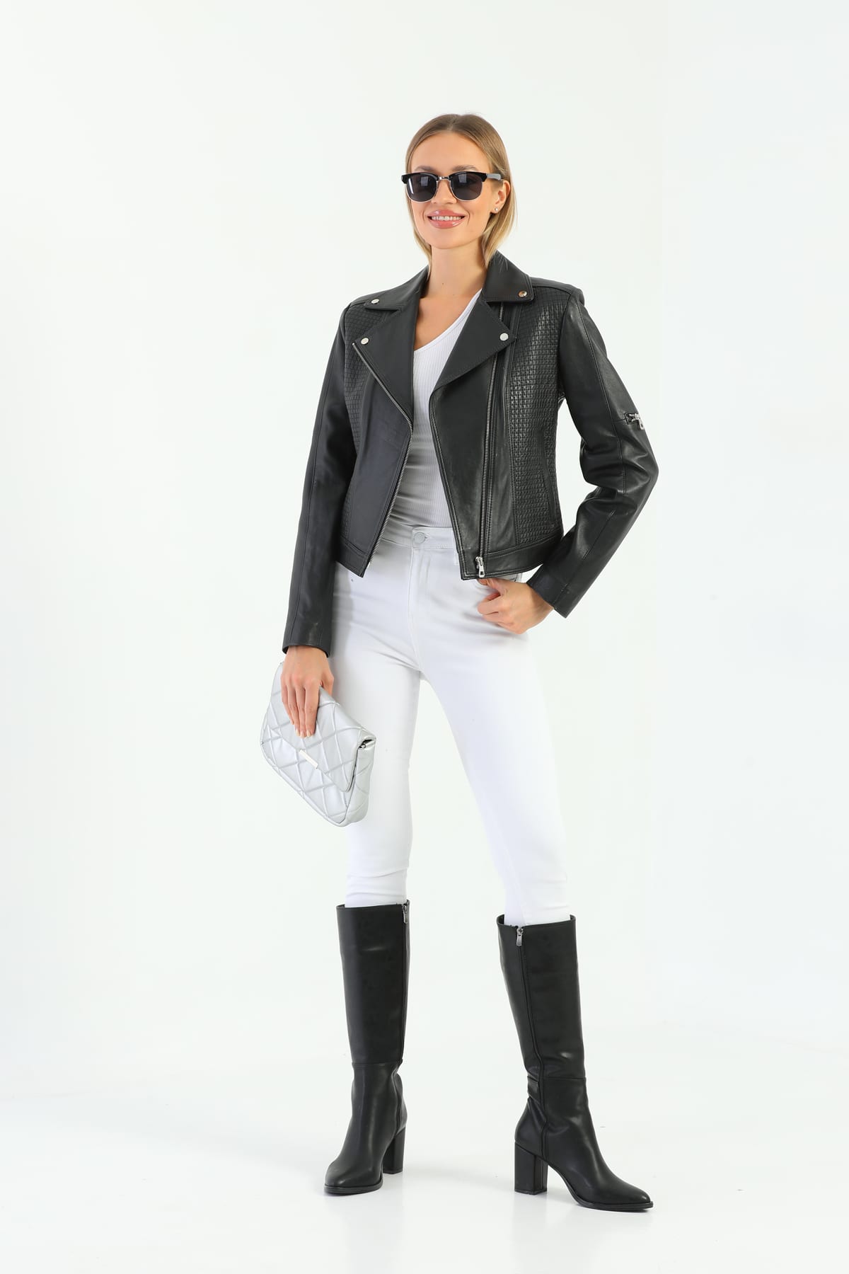 Kadin Motorcu Deri Ceket Siyah - Image 1