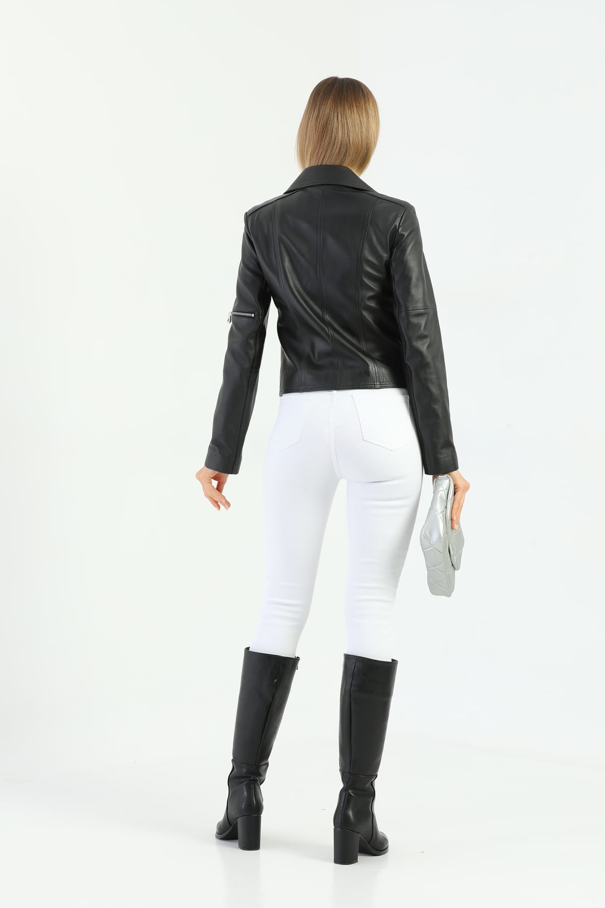 Kadin Motorcu Deri Ceket Siyah - Image 3