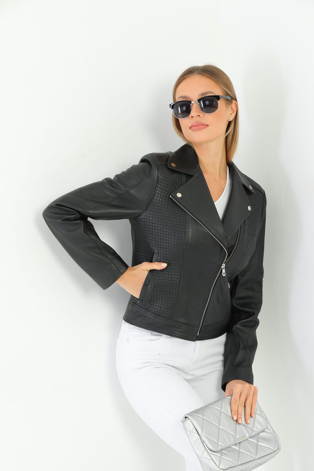 Kadin Motorcu Deri Ceket Siyah - Image 4