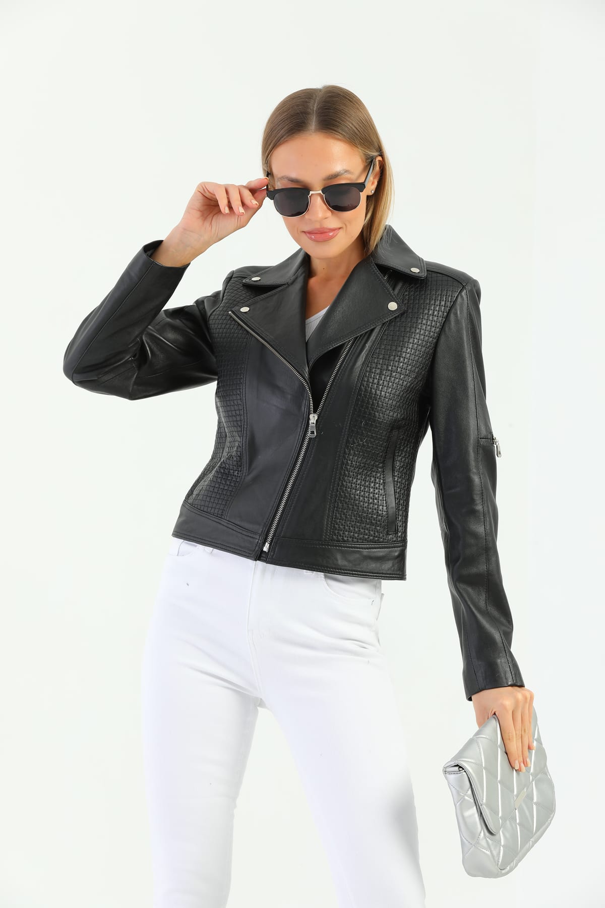 Kadin Motorcu Deri Ceket Siyah - Image 5