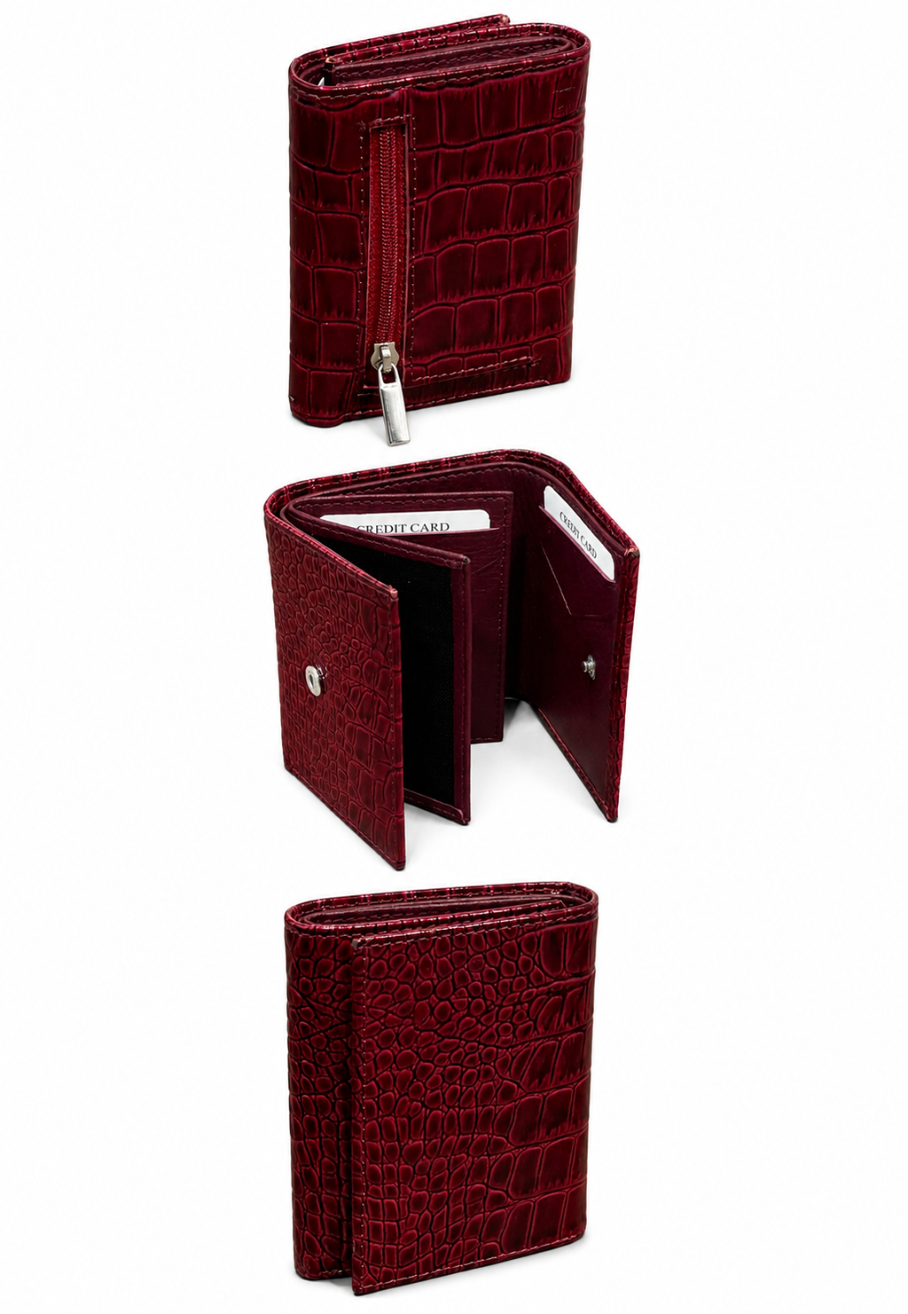 Hakiki Deri Kroko Desenli Bordo Mini Cüzdan