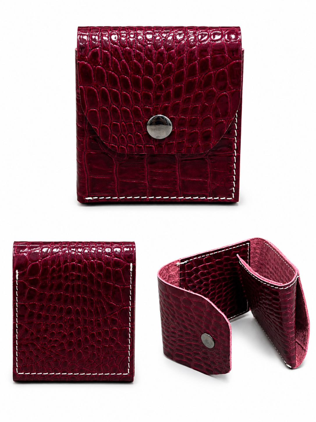 Bordo Hakiki Deri Unisex Mini Cüzdan Çıtçıtlı Kartlık