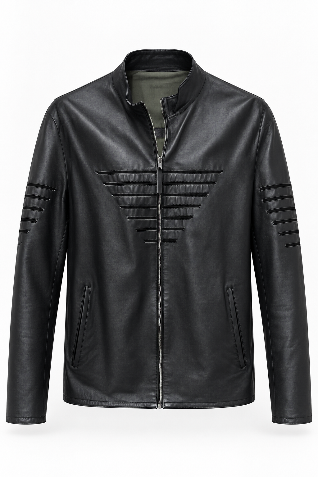 Basics&More Erkek Çift Taraflı Deri Ceket Siyah & Yeşil Reversible Fermuarlı Mont