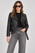 Basics & More Kadın Biker Hakiki Deri Siyah Ceket Kemerli Fermuarlı Belden Oturtmalı Model