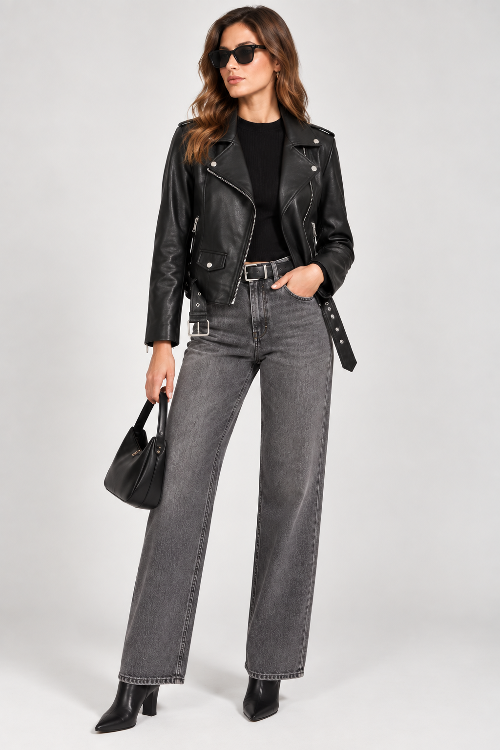 Basics & More Kadın Biker Hakiki Deri Siyah Ceket Kemerli Fermuarlı Belden Oturtmalı Model