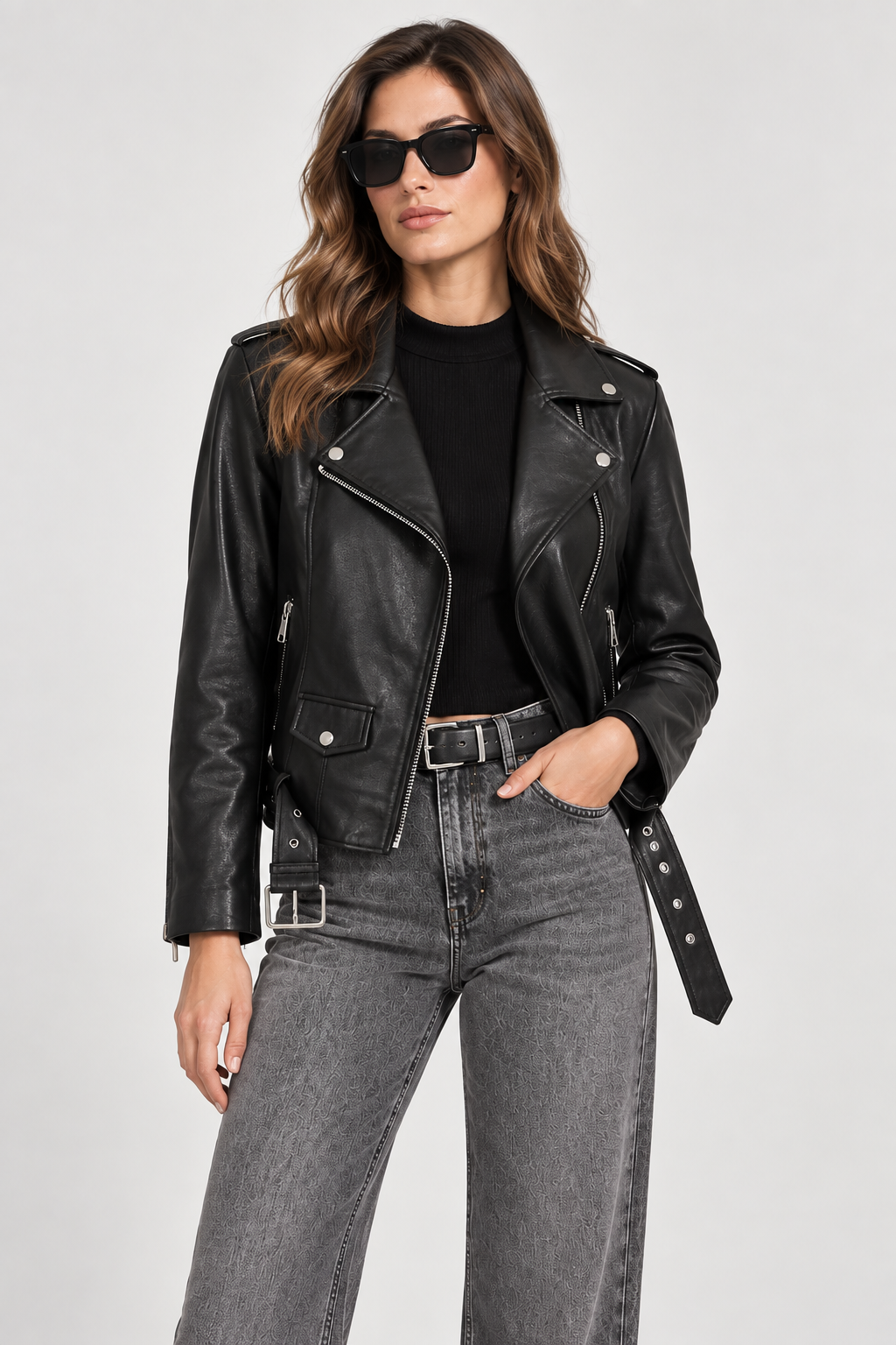 Basics & More Kadın Biker Hakiki Deri Siyah Ceket Kemerli Fermuarlı Belden Oturtmalı Model