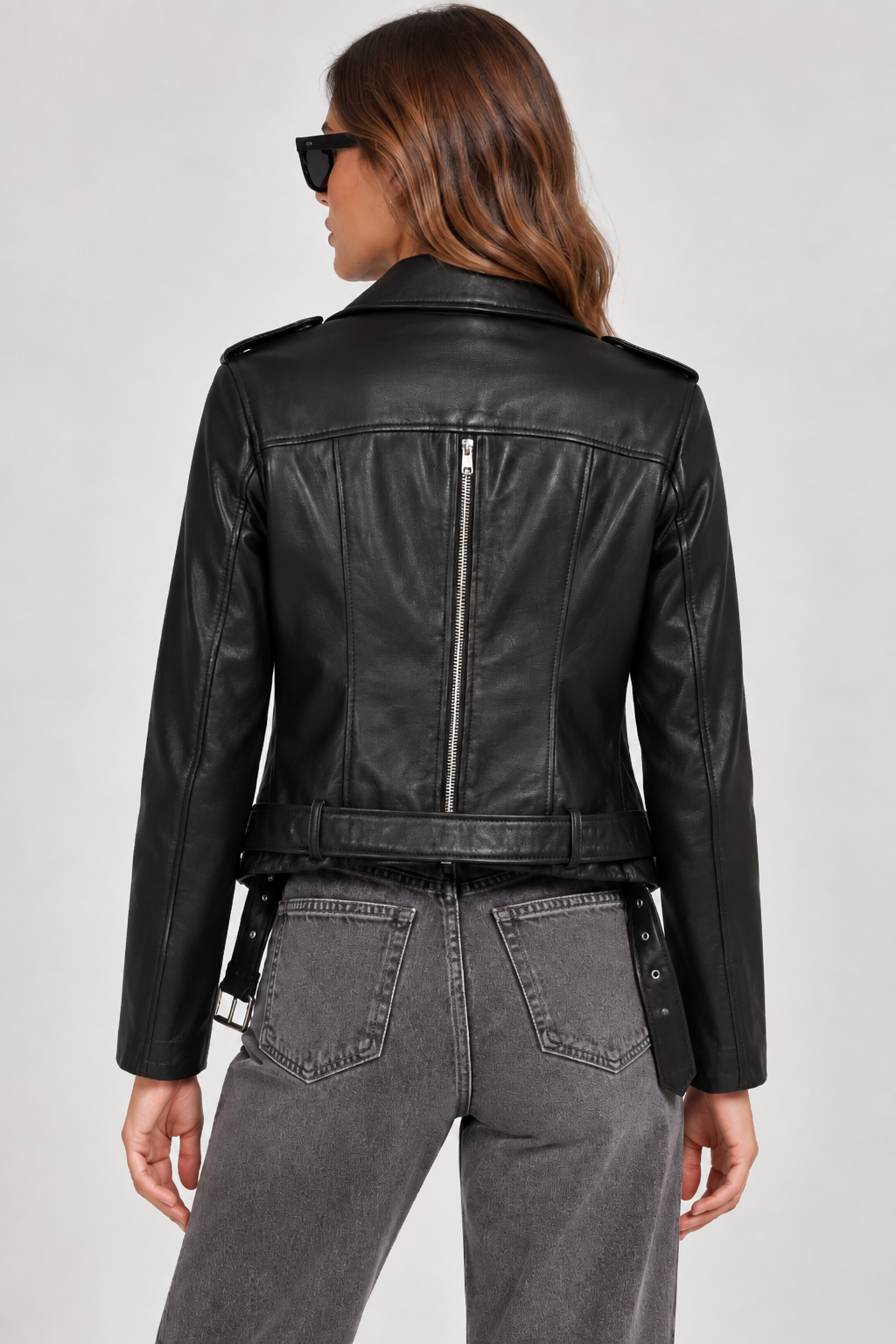 Basics & More Kadın Biker Hakiki Deri Siyah Ceket Kemerli Fermuarlı Belden Oturtmalı Model