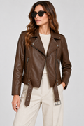Basics & More Kadın Biker Hakiki Deri Viski Ceket Kemerli Fermuarlı Belden Oturtmalı Model