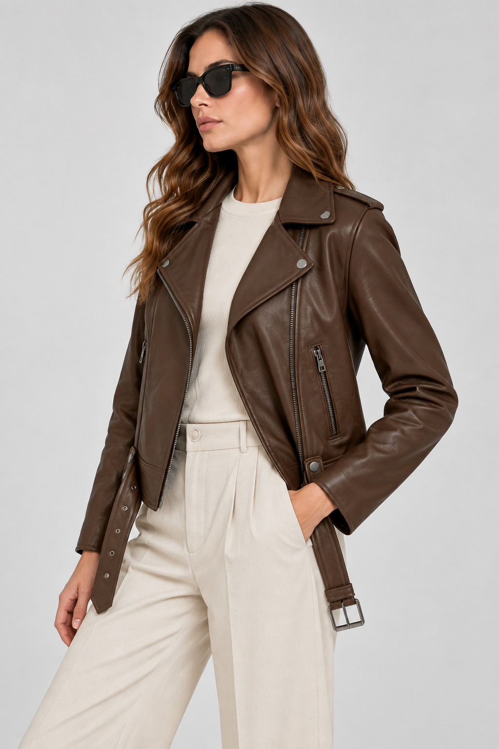 Basics & More Kadın Biker Hakiki Deri Viski Ceket Kemerli Fermuarlı Belden Oturtmalı Model