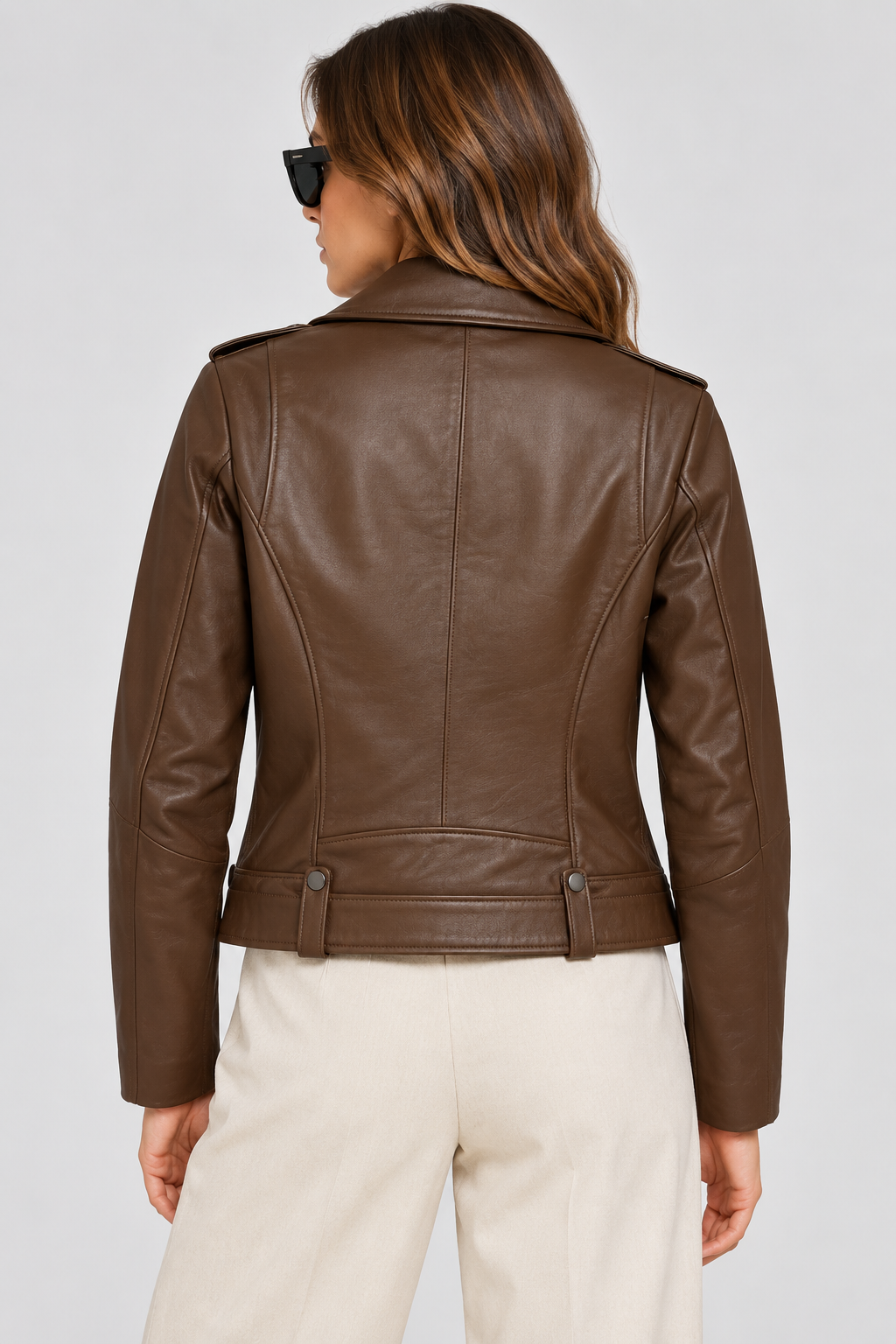 Basics & More Kadın Biker Hakiki Deri Viski Ceket Kemerli Fermuarlı Belden Oturtmalı Model
