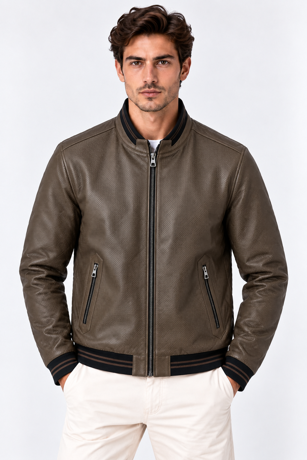 Basics&More Erkek Gerçek Deri Bomber Kahverengi Ceket Dik Yaka Fermuarlı