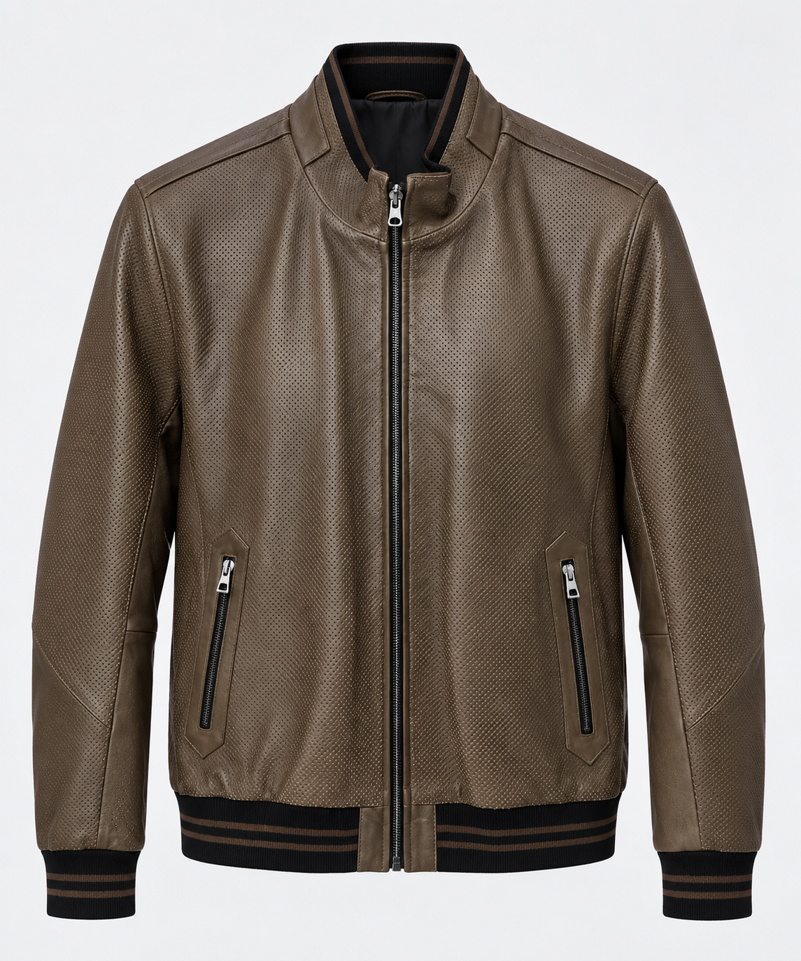 Basics&More Erkek Gerçek Deri Bomber Kahverengi Ceket Dik Yaka Fermuarlı