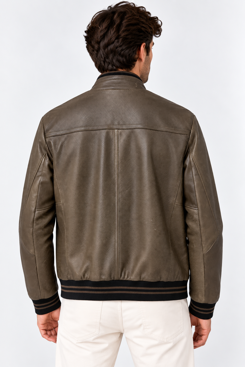 Basics&More Erkek Gerçek Deri Bomber Kahverengi Ceket Dik Yaka Fermuarlı