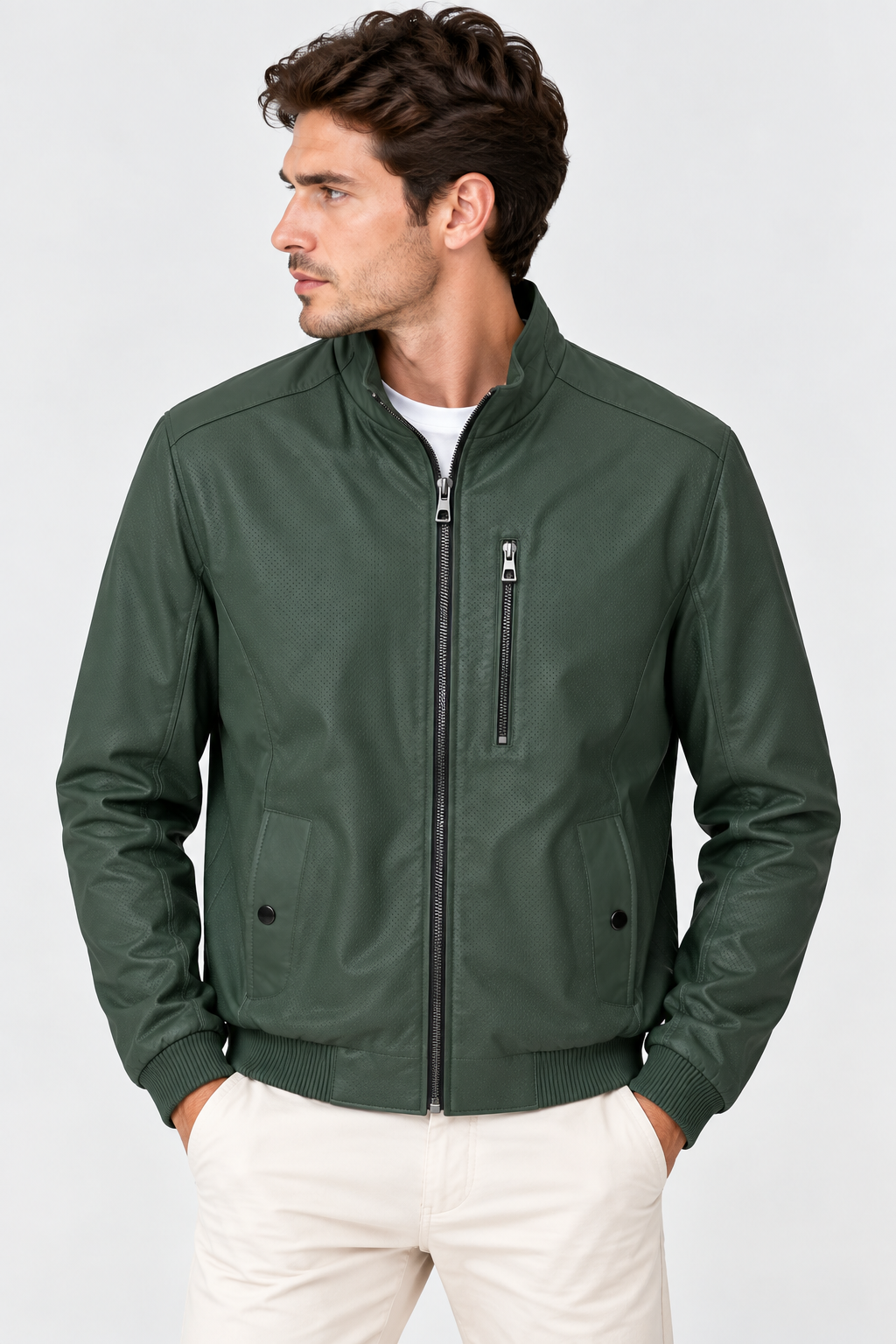 Basics&More Erkek Çift Taraflı Deri Ceket Haki & Yeşil Reversible Fermuarlı Mont