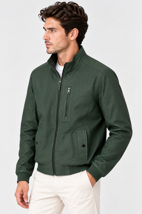 Basics&More Erkek Çift Taraflı Deri Ceket Haki & Yeşil Reversible Fermuarlı Mont
