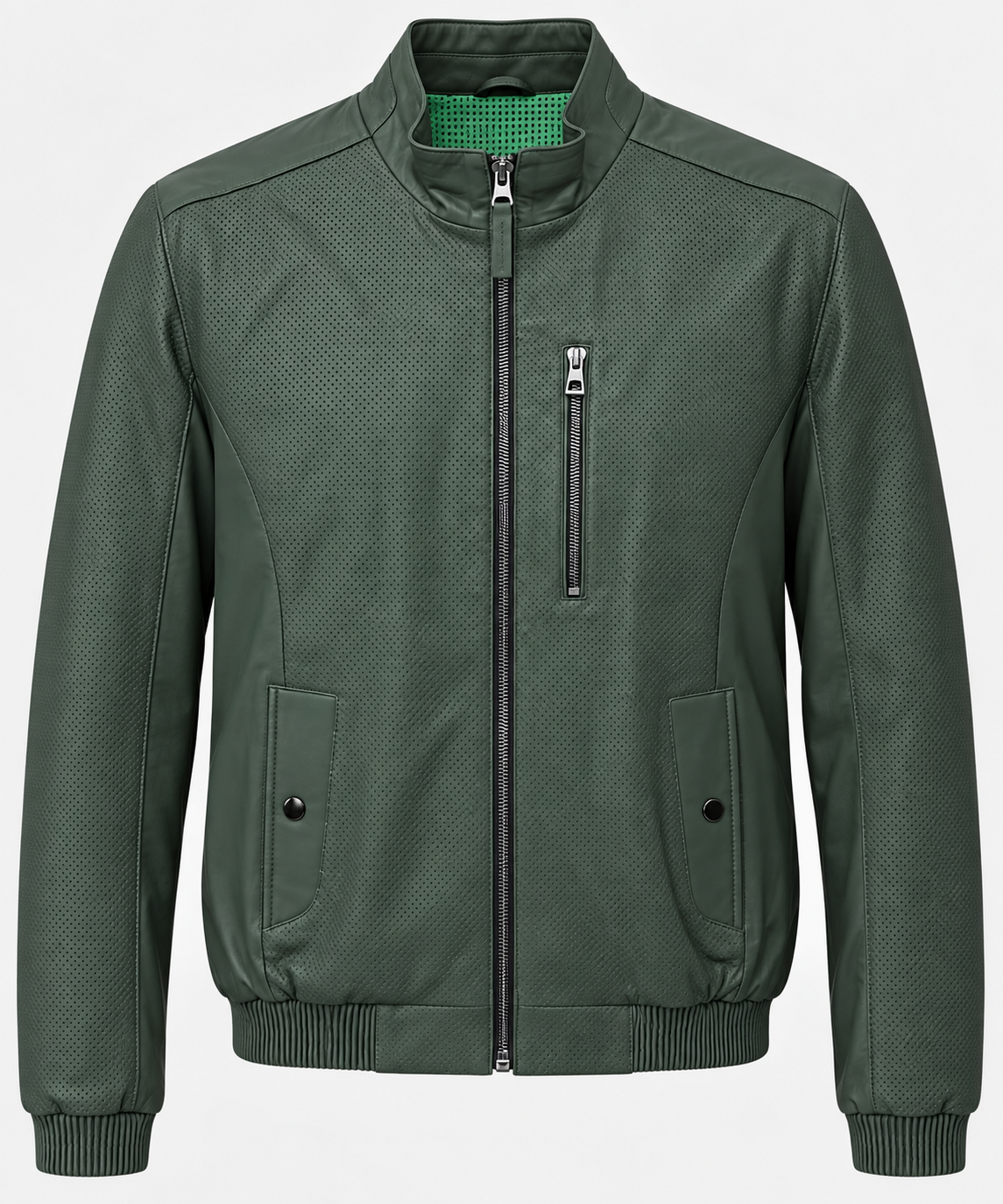 Basics&More Erkek Çift Taraflı Deri Ceket Haki & Yeşil Reversible Fermuarlı Mont