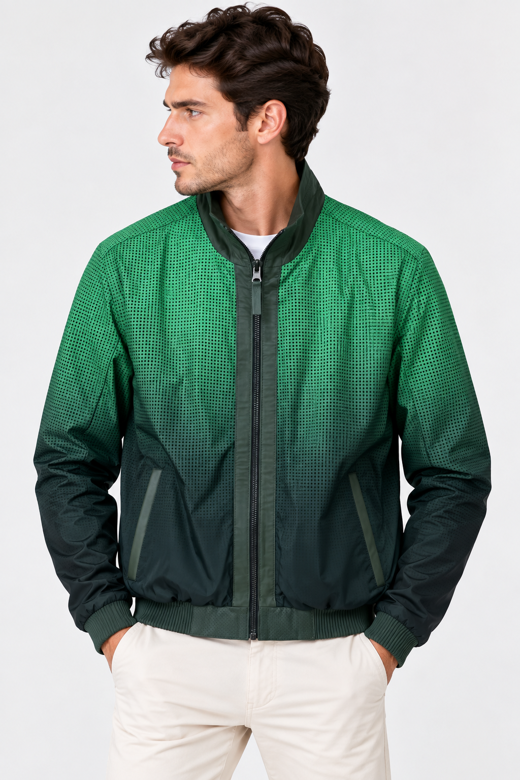 Basics&More Erkek Çift Taraflı Deri Ceket Haki & Yeşil Reversible Fermuarlı Mont