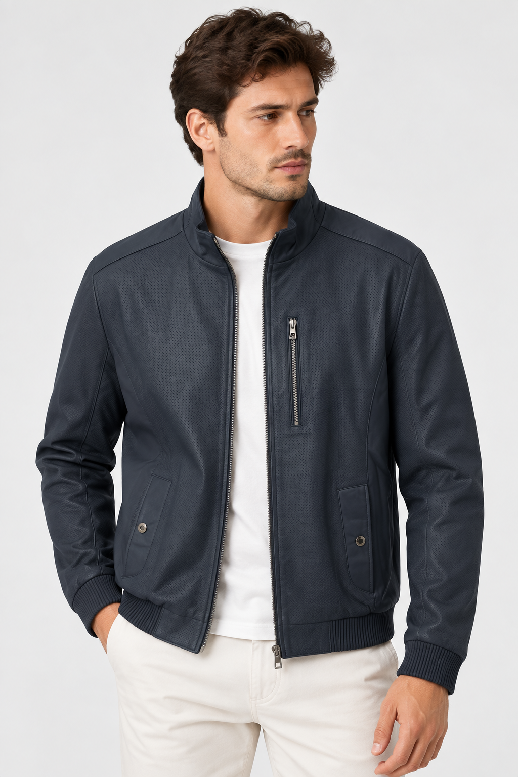 Basics&More Erkek Çift Taraflı Deri Ceket Lacivert & Yeşil Reversible Fermuarlı Mont