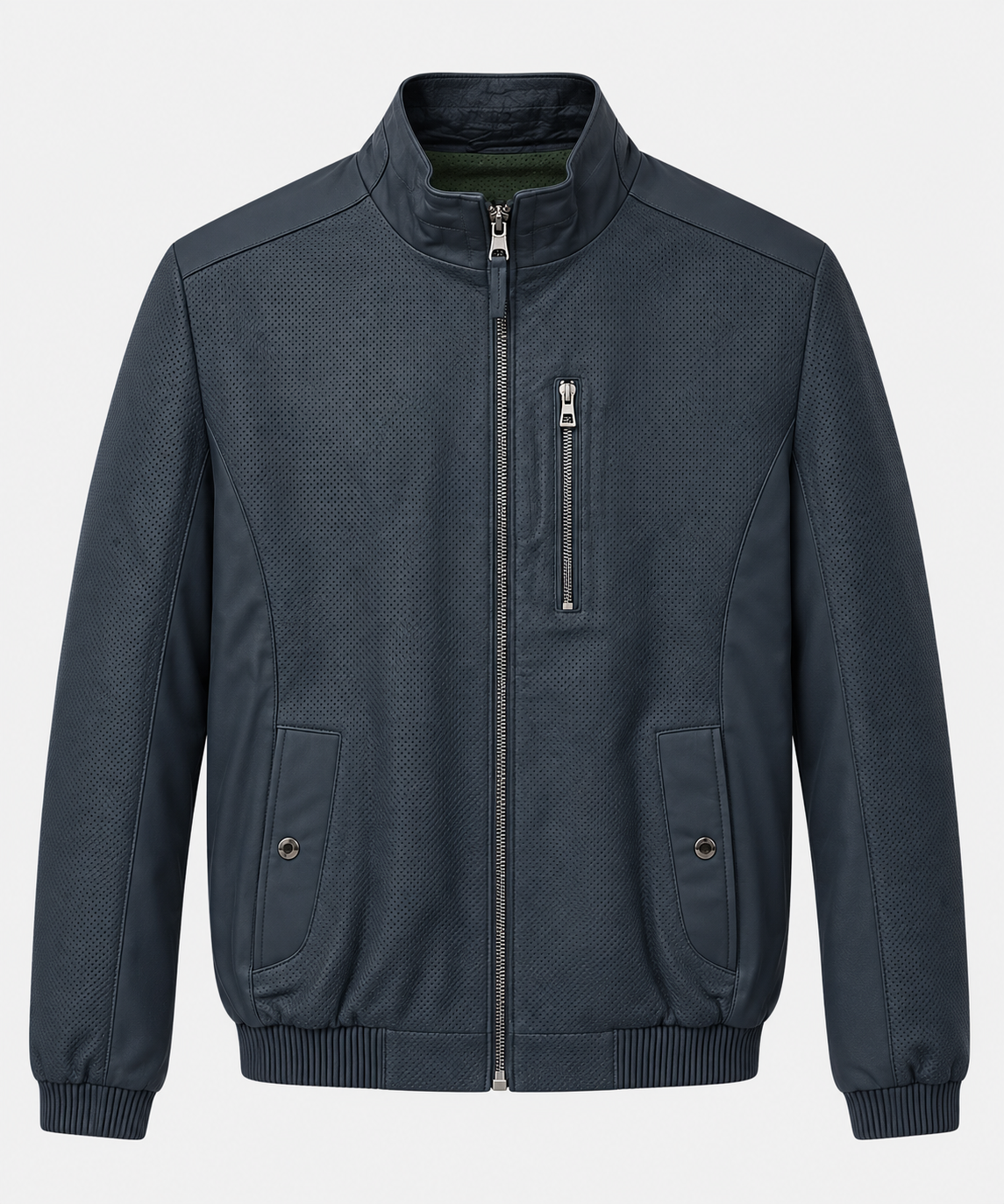 Basics&More Erkek Çift Taraflı Deri Ceket Lacivert & Yeşil Reversible Fermuarlı Mont