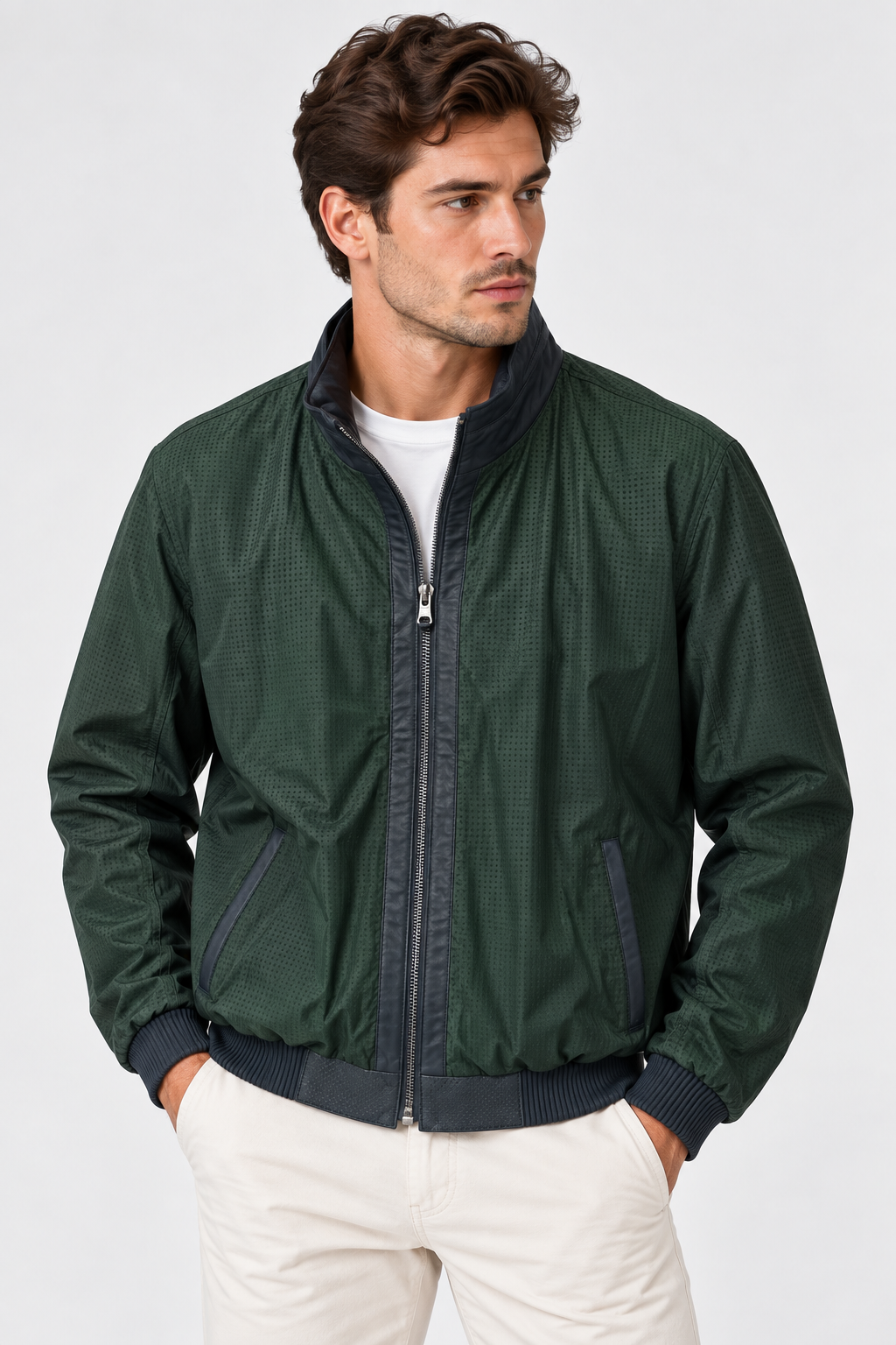 Basics&More Erkek Çift Taraflı Deri Ceket Lacivert & Yeşil Reversible Fermuarlı Mont