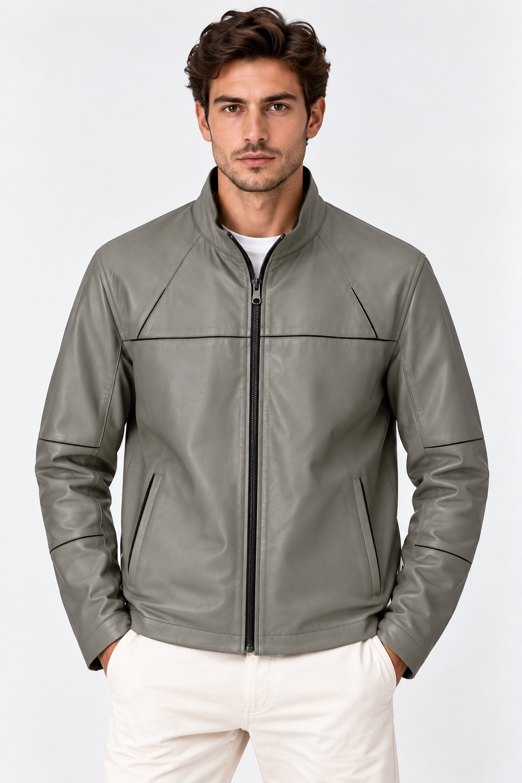 Basics&More Erkek Çift Taraflı Deri Ceket Vizon & Yeşil Reversible Fermuarlı Mont