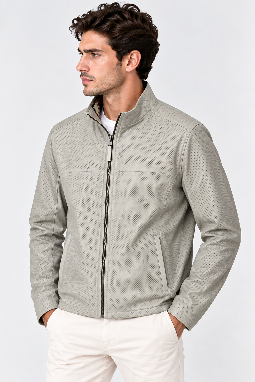 Basics&More Erkek Çift Taraflı Deri Ceket Bej & Ekose Reversible Fermuarlı Mont