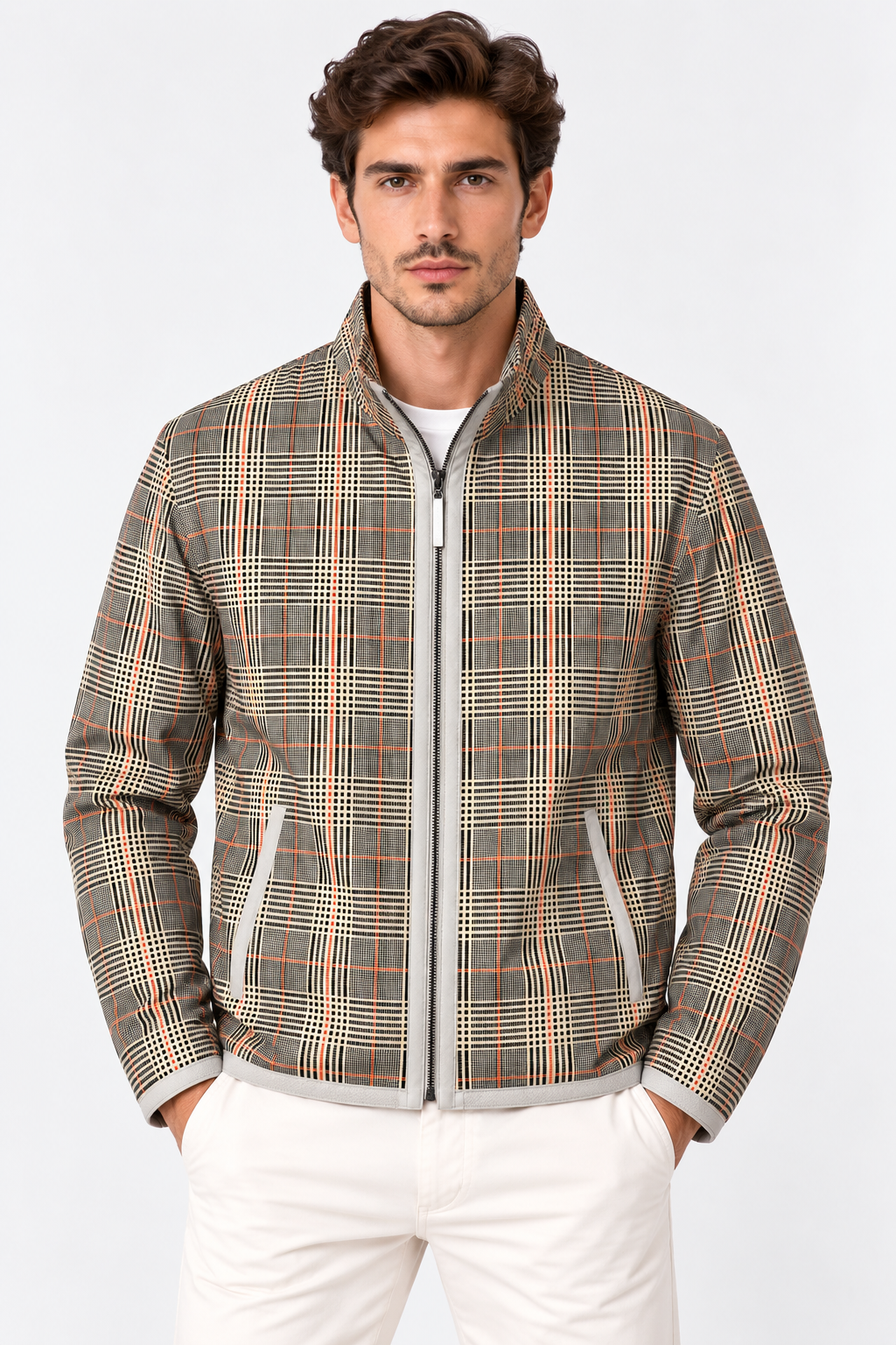 Basics&More Erkek Çift Taraflı Deri Ceket Bej & Ekose Reversible Fermuarlı Mont