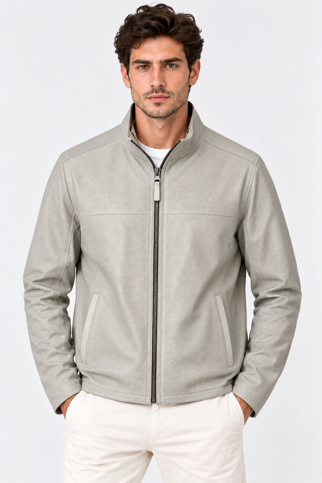 Basics&More Erkek Çift Taraflı Deri Ceket Bej & Ekose Reversible Fermuarlı Mont