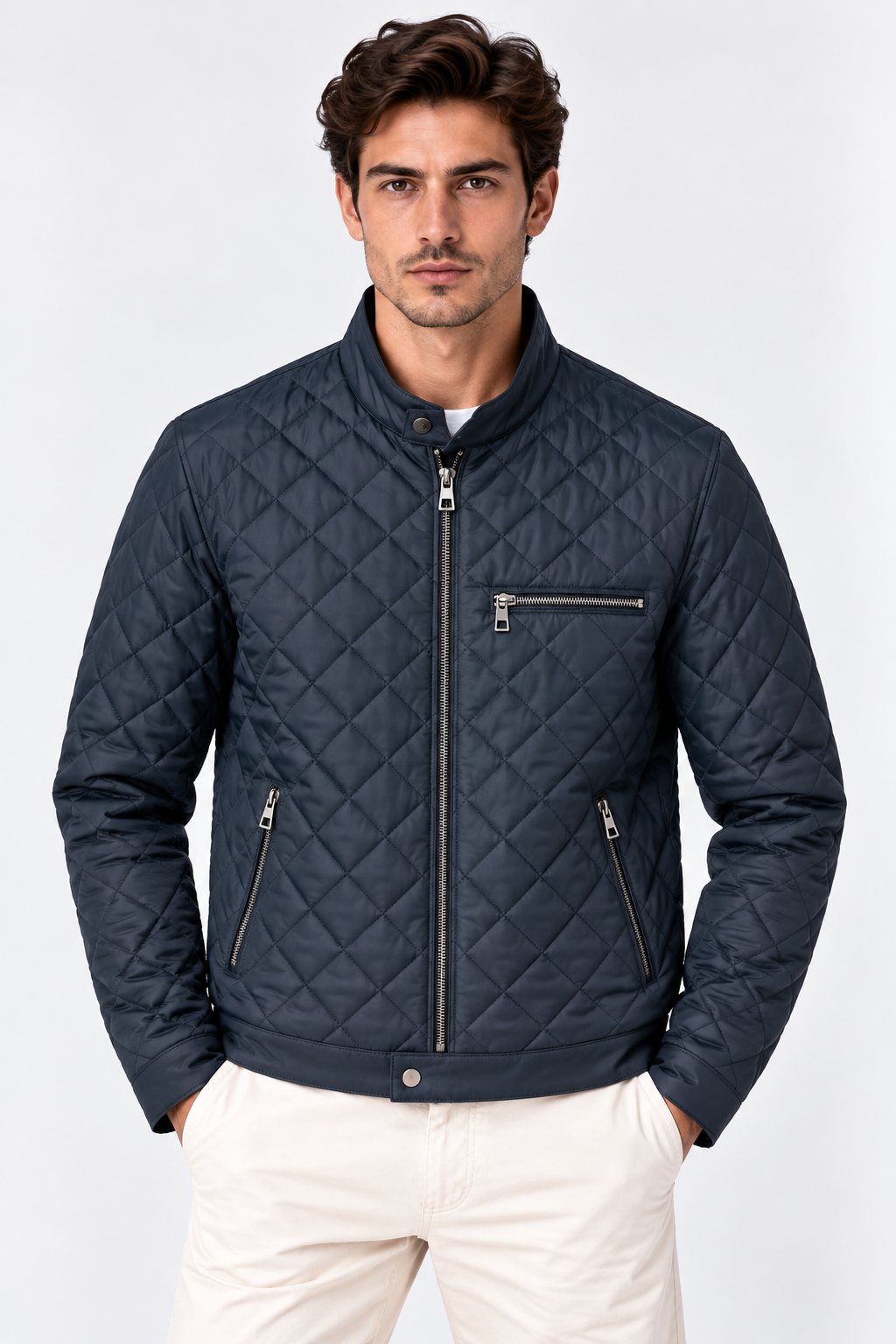 Basics&More Erkek Quilt Desenli Hakiki Deri Ceket Lacivert