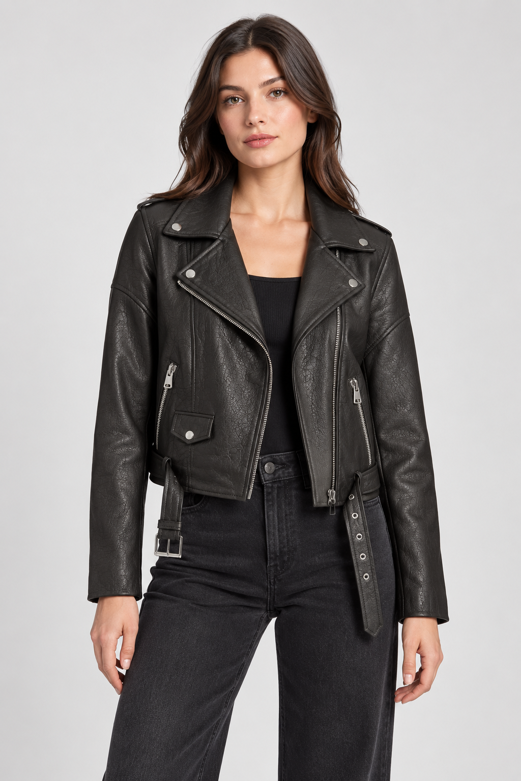 Basics & More Kadın Siyah Biker Ceket Kemer ve Fermuar Detaylı