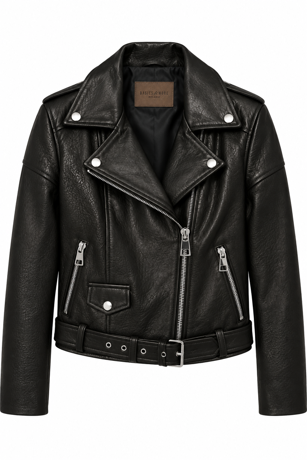 Basics & More Kadın Siyah Biker Ceket Kemer ve Fermuar Detaylı