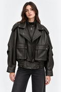 Basics&More Kadın Hakiki Deri Oversize Biker Kahve Ceket Cep Detaylı Kısa Model