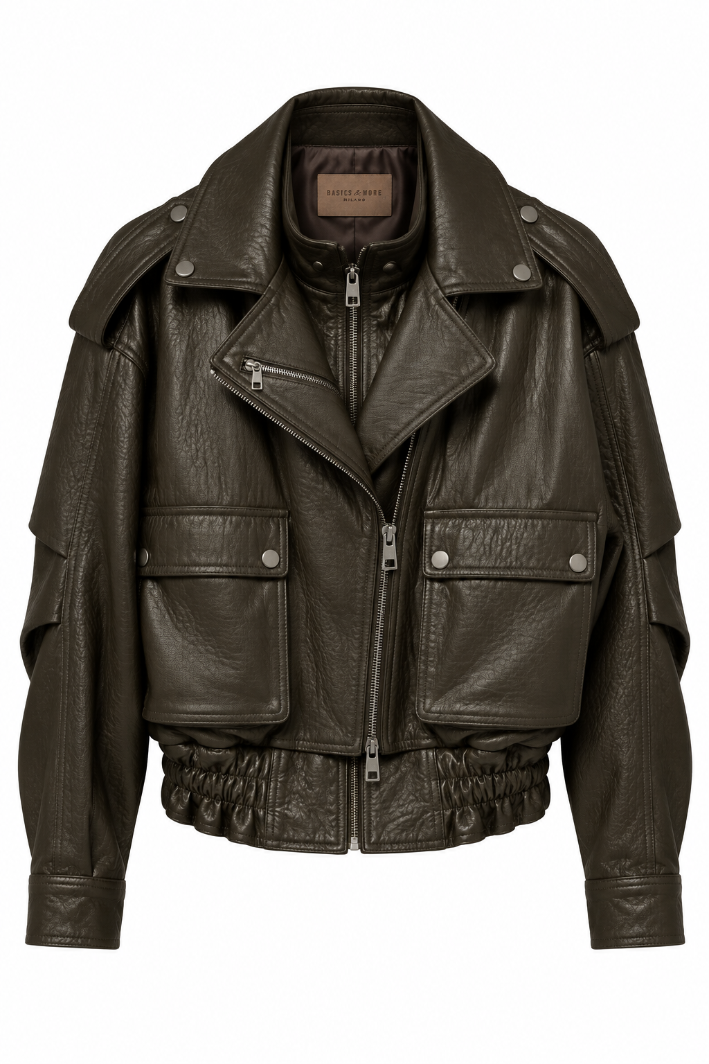 Basics&More Kadın Hakiki Deri Oversize Biker Kahve Ceket Cep Detaylı Kısa Model