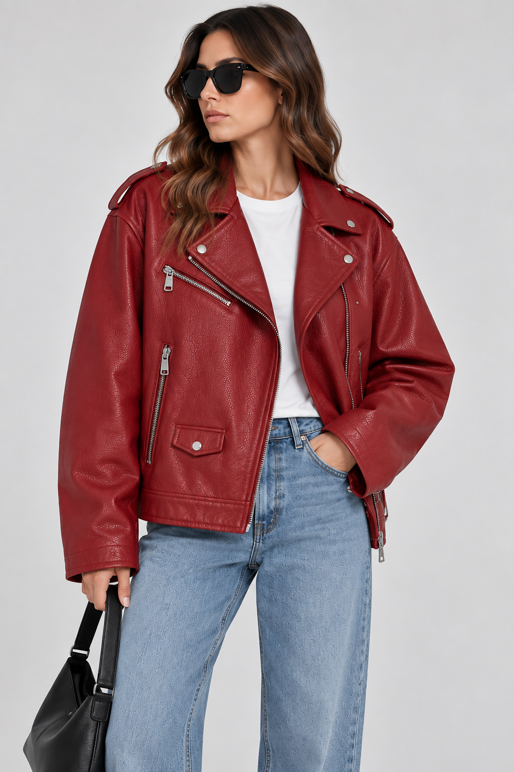 Basics&More Kadın Biker Hakiki Kırmızı Deri Ceket Fermuarlı Cepli Rahat Kalıp