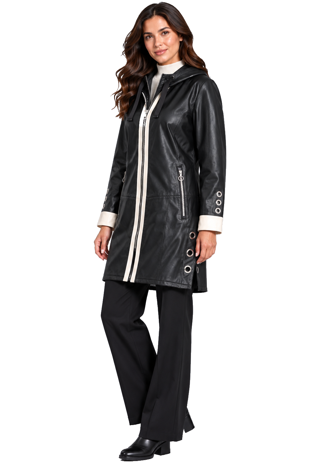 Kadın Siyah Rengi Kapüşonlu Fermuarlı Uzun Hakiki Deri Kaban – BM_K-10U_Black