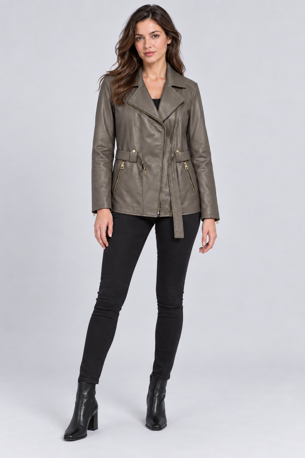Basics&More Kadın Hakiki Deri Ceket Kemerli Fermuarlı Vizon-Taupe Biker Model