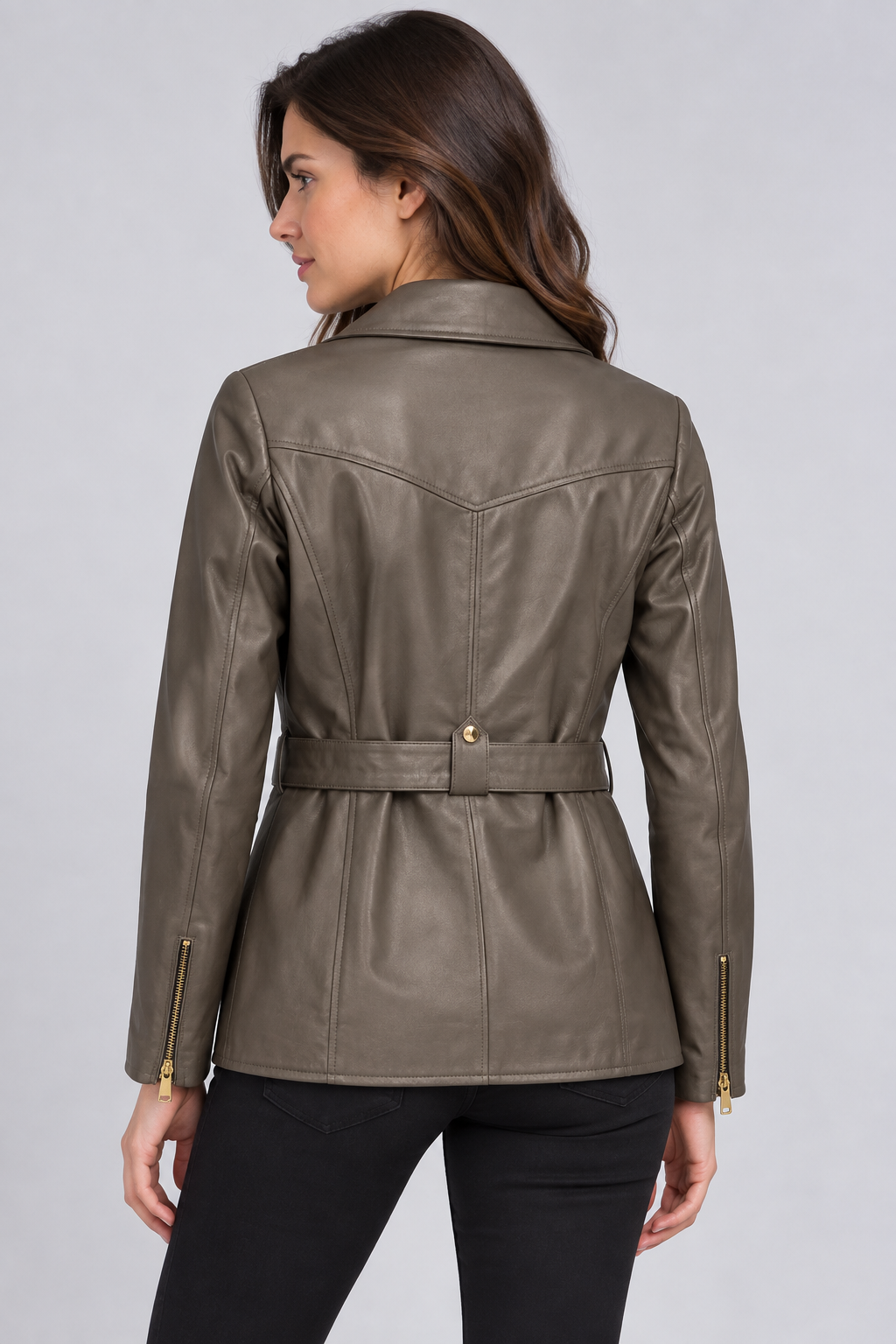 Basics&More Kadın Hakiki Deri Ceket Kemerli Fermuarlı Vizon-Taupe Biker Model