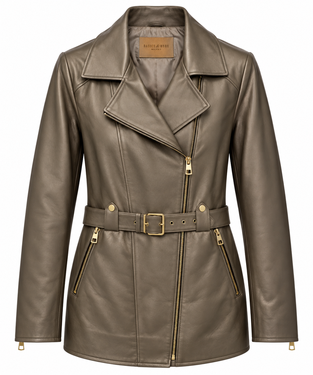 Basics&More Kadın Hakiki Deri Ceket Kemerli Fermuarlı Vizon-Taupe Biker Model