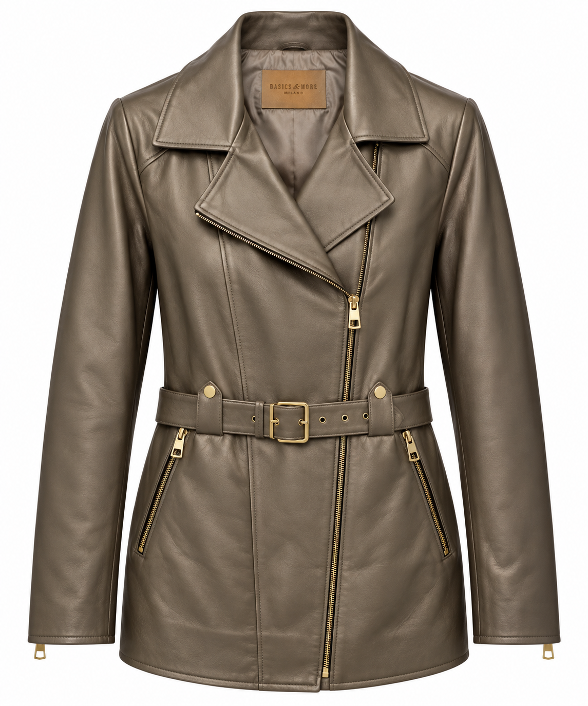 Basics&More Kadın Hakiki Deri Ceket Kemerli Fermuarlı Vizon-Taupe Biker Model