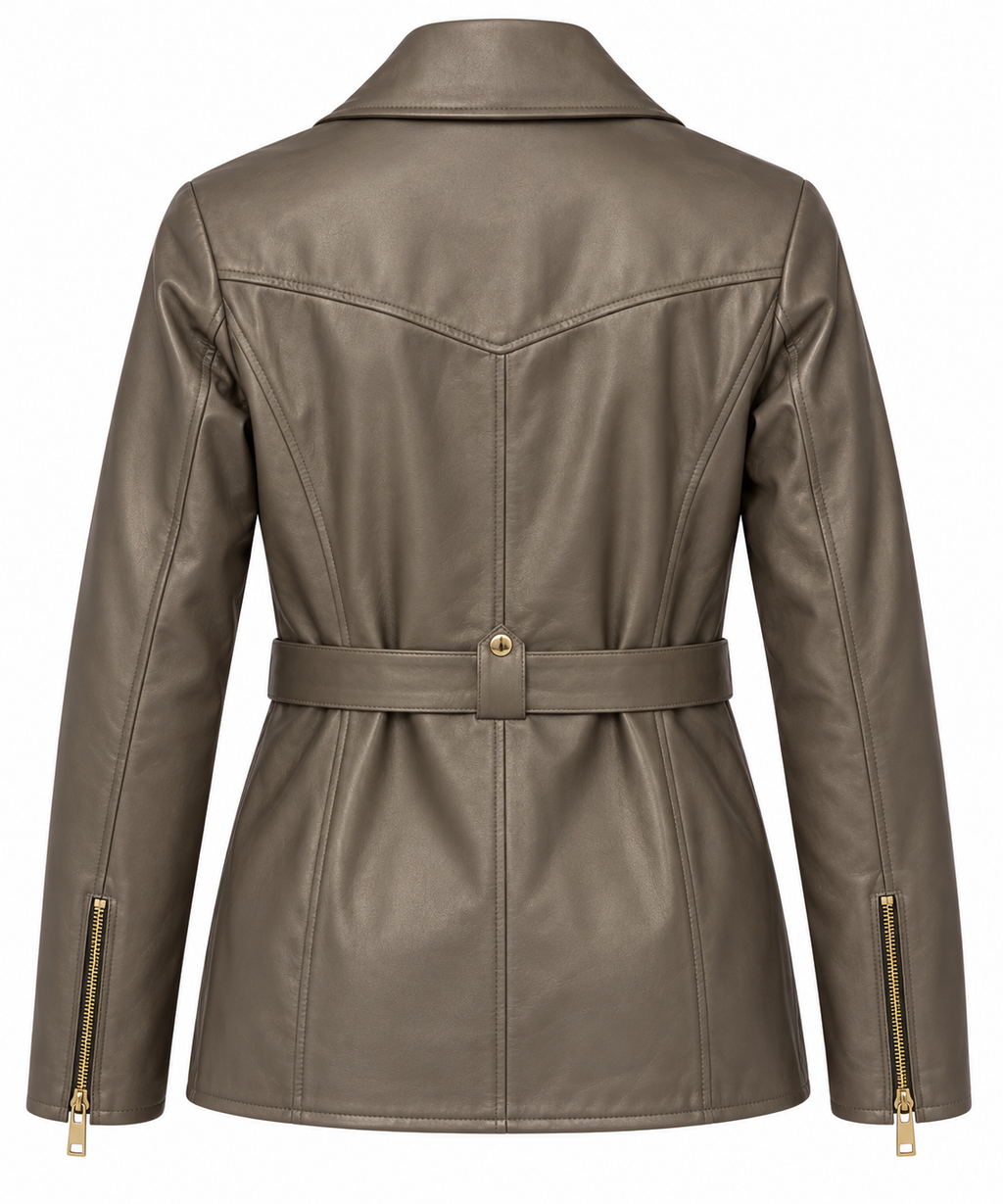Basics&More Kadın Hakiki Deri Ceket Kemerli Fermuarlı Vizon-Taupe Biker Model