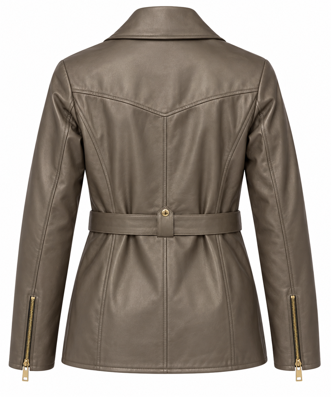 Basics&More Kadın Hakiki Deri Ceket Kemerli Fermuarlı Vizon-Taupe Biker Model