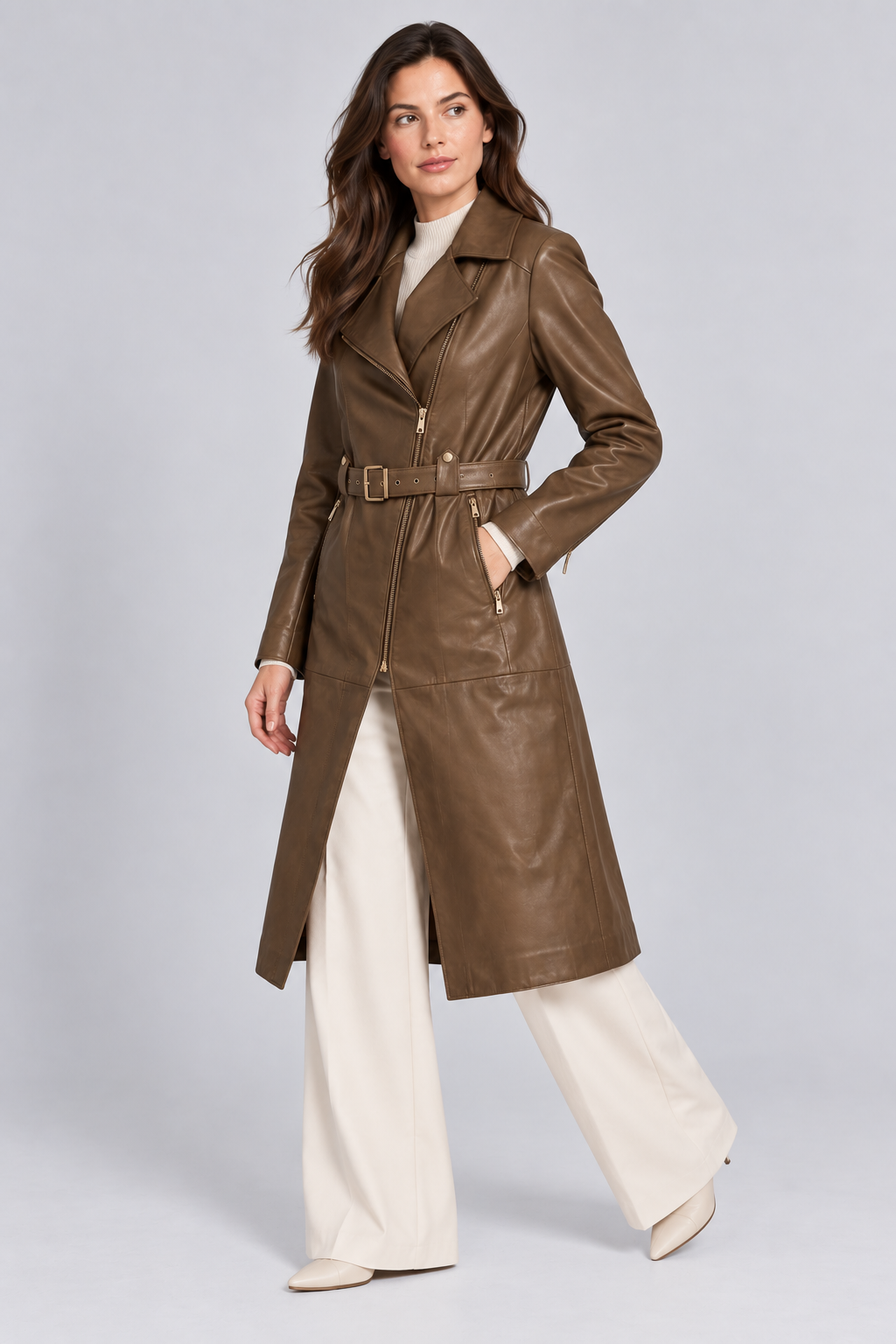 Basics&More Kadın Uzun Hakiki Deri Trençkot Kahve Kemerli Fermuarlı Model