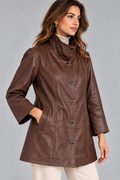 Kadın Viski Kahverengi Hakiki Deri Kaban Dik Yaka Düğmeli Uzun Ceket – görsel 1