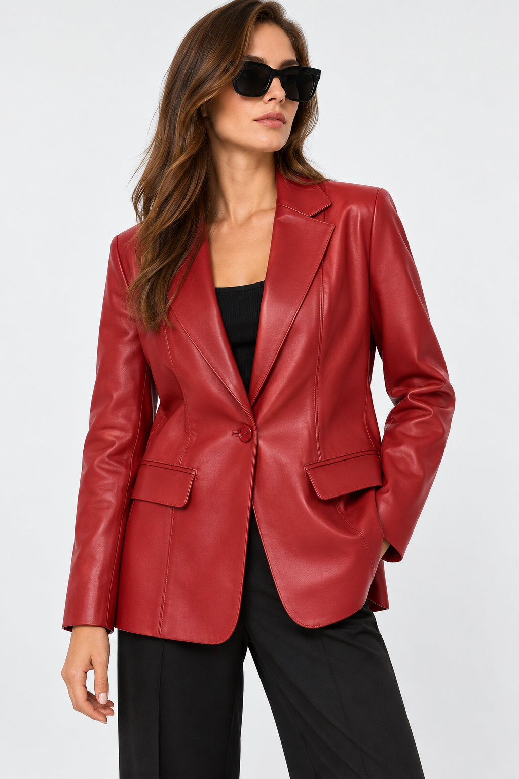 Kadın Tek Düğmeli Blazer Deri Ceket Kırmızı