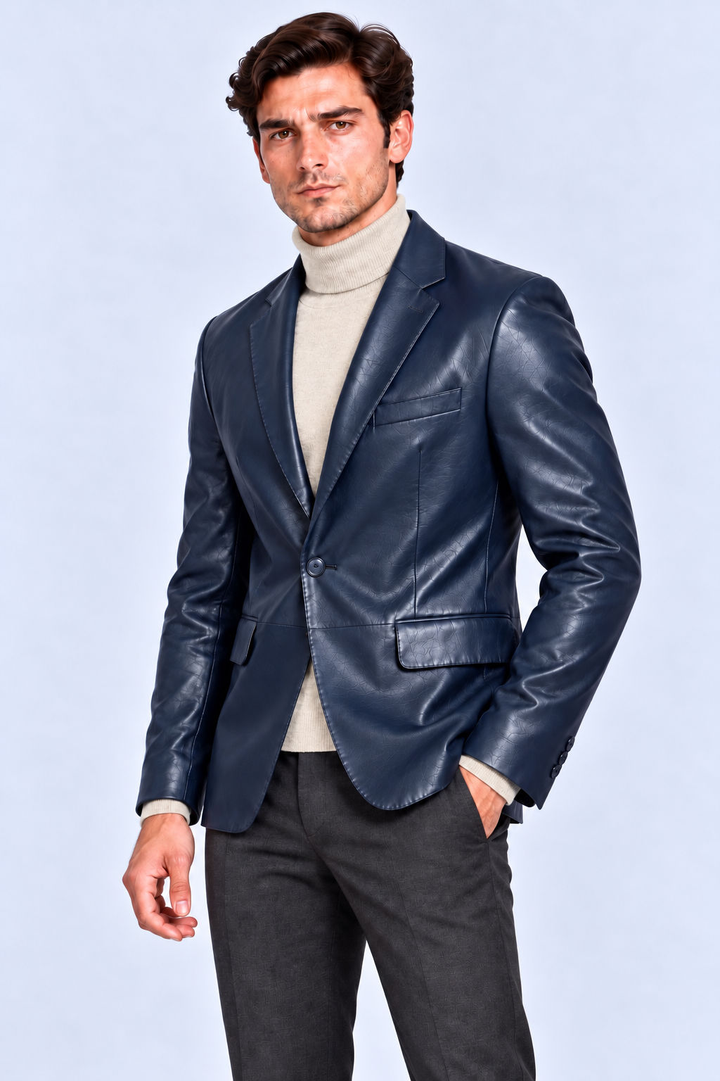 Erkek Blazer Deri Ceket Koyu Mavi