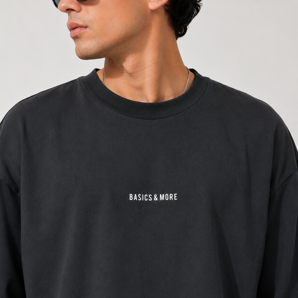 Antrasit Minimal Baskılı Oversize Erkek Tişört