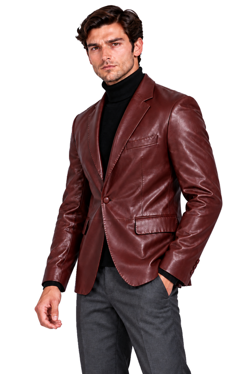 Erkek bordo blazer deri ceket, görünüm 2